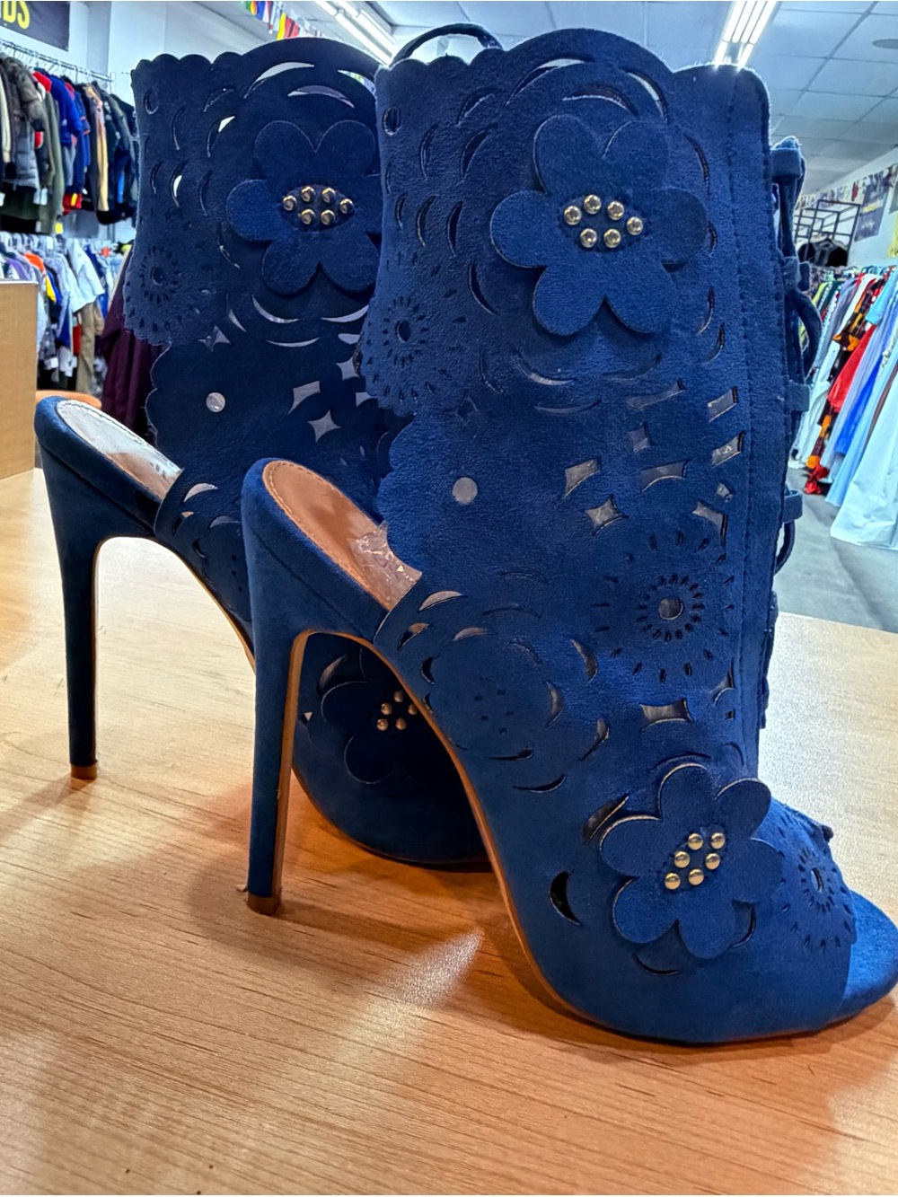 JustFab Navy Floral Cutout Stiletto Booties